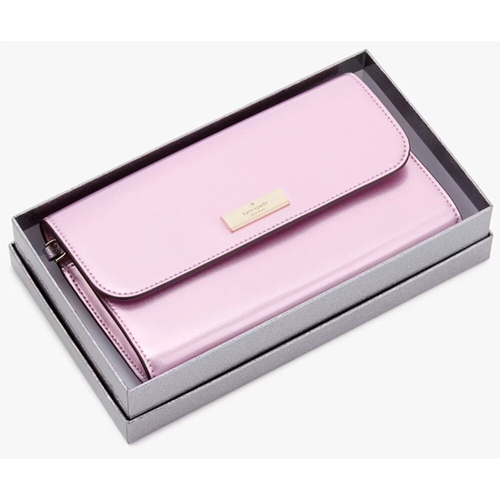 S Kate Spade Kenzie Medium Flap Wristlet Patent Wallet Quartz Pink KJ015 NWT